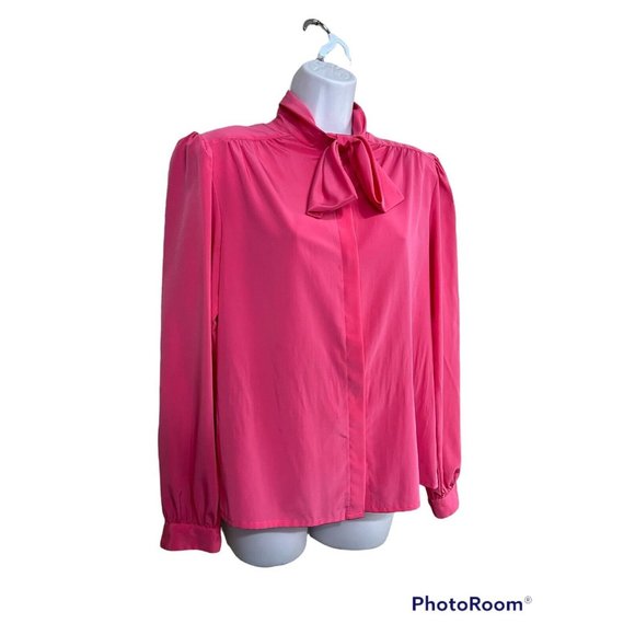 Vtg 80s Hot Pink Pussybow Blouse Sz 8 Long Sleeve Button Up Romantic Secretary - Picture 3 of 10